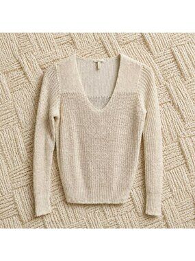 Joie Linen V-Neck Long Sleeve Open Knit Pullover Sweater Ecru Stretchy M-L
